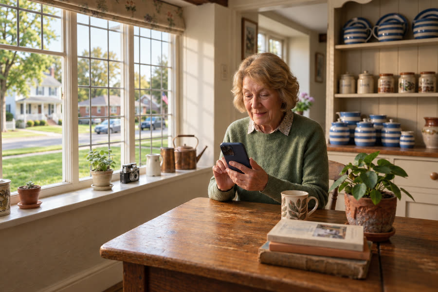 A woman at her kitchen table by the window, books beside her