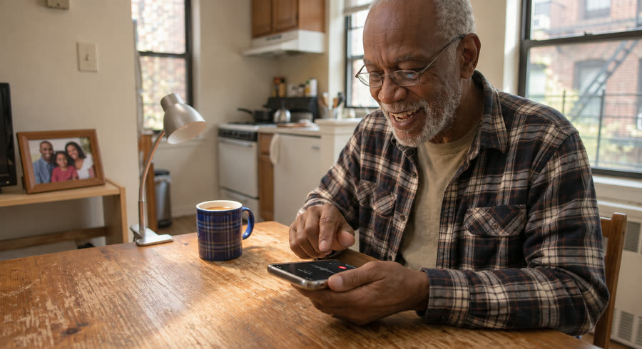 A man at his kitchen table, smiling at his phone