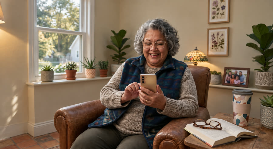 A woman in her armchair, smiling at her phone